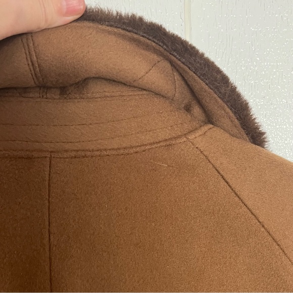 Vintage Caramel Tan Double Breasted Fur Collar Pea Coat Alpaca Fur Lined 2X - Picture 6 of 16
